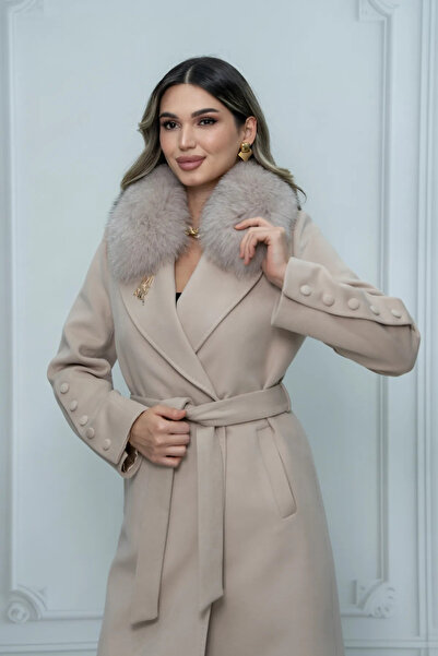 Eccim Fashion Broşlu Kürk Yaka Uzun Kadın Palto Kaban