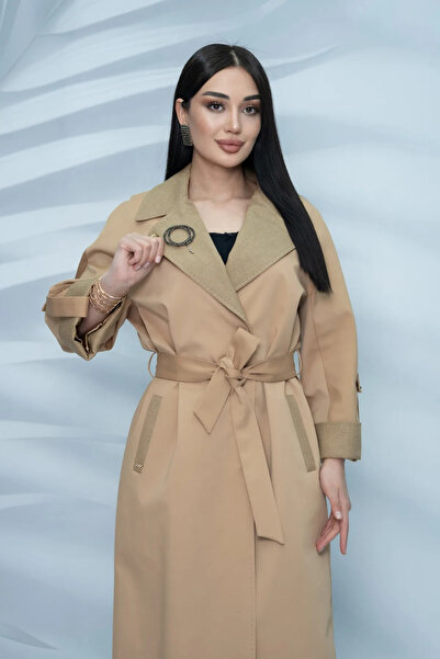 Eccim Fashion Kol Detaylı Broşlu Sade Büyük Beden Uzun Kadın Trençkot