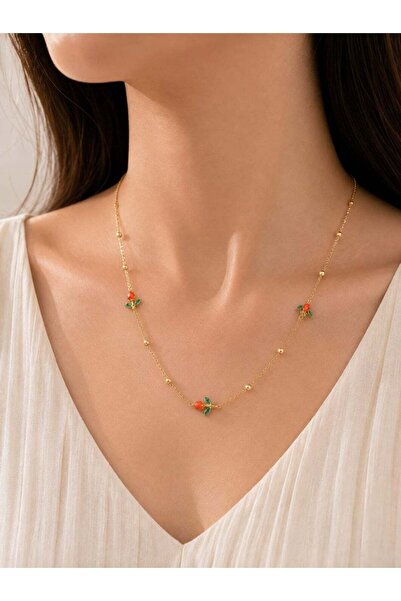 Generic Gold-Tone Anti-Tarnish Necklace with Red Floral Charms and Green Leaf...