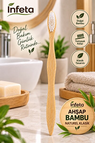 İnfeta Bamboo Wooden Toothbrush Natural Classic Design with White Brush Head