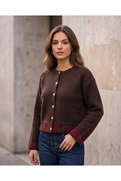 Trend Kapında Vintage Floral Motif Buttoned Knitwear Cardigan