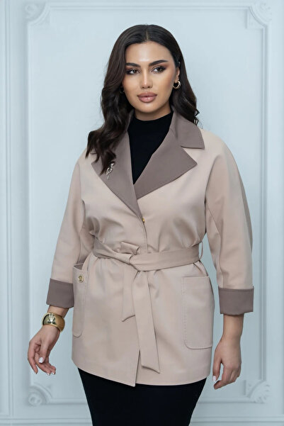 Eccim Fashion Cep Detaylı Broşlu Büyük Beden Kısa Kadın Trençkot