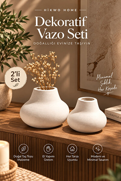 Hikwo 2’li Modern Dekoratif Vazo Seti Taş Görünümlü Salon ve Konsol Vazosu