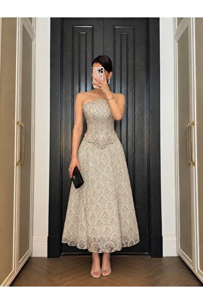 Calissa Store Off-Shoulder Corset Beaded and Pearl Embellished Midi Evening Gown