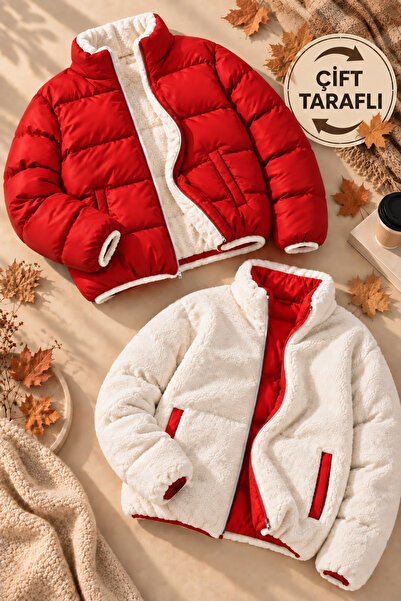 legends butik Unisex Çift Taraflı Peluş Şişme Mont Fermuarlı Çift Cepli Kalın...