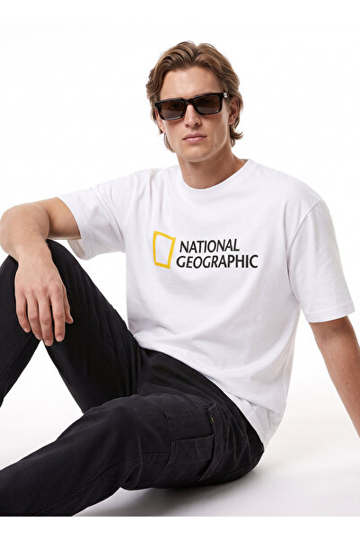 NATIONAL GEOGRAPHIC N6WM-TST4324 Beyaz Bisiklet Yaka Relaxed Düz Erkek T-Shirt