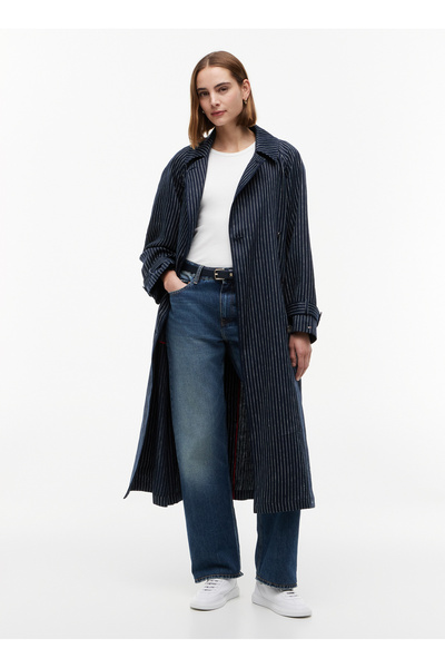 Tommy Hilfiger Mavi Kadın Çizgili Trençkot WW0WW498410BI