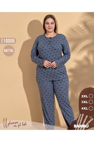 NightLove Kadın Büyük Beden Gri Desenli Bambu Pijama Takımı