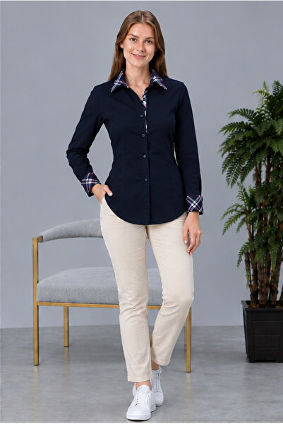 FARQIN Navy Blue Cotton Satin Laci Brbry Collar Cuff Back Skirt Detailed Slim...