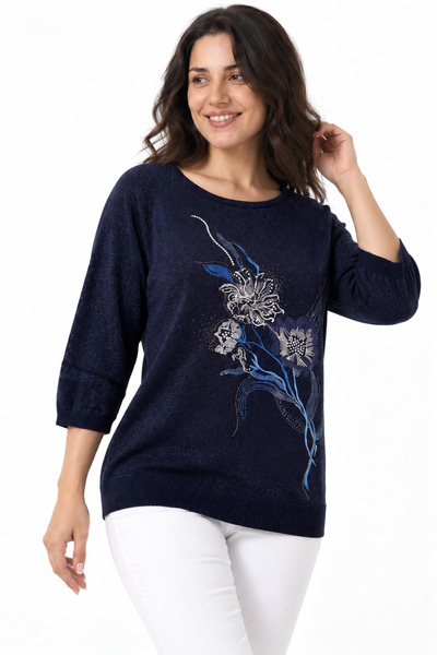 EtkiModa Bluză de damă cu mâneci capri 4/3, cu detalii din pietre, din tricot cu sclipici
