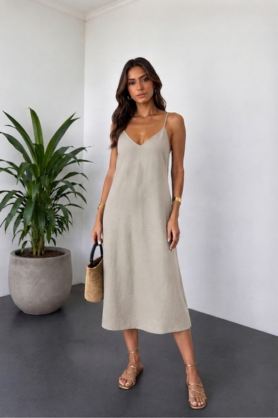 ENMADAM Women's Soft Modal V-Neck Thin Strap Casual Basic Long Dress