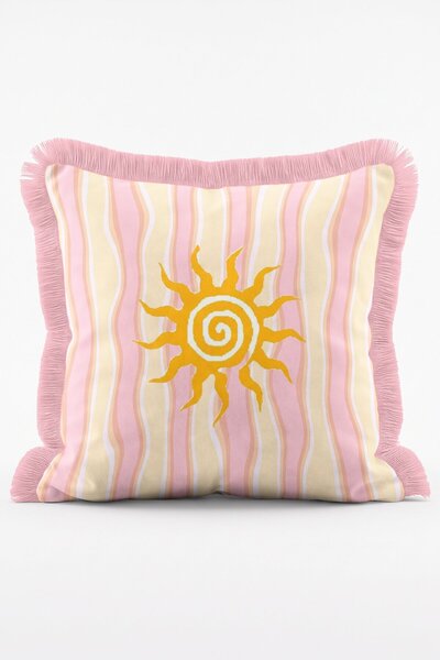 IdeCraft Pembe Çizgili Güneş Motifli Pastel Modern Dekoratif Saçaklı Kırlent ...