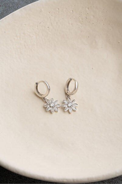 Silvano Jewelry 925 Ayar Gümüş Beyaz Taşlı Lotus Çiçeği Küpe