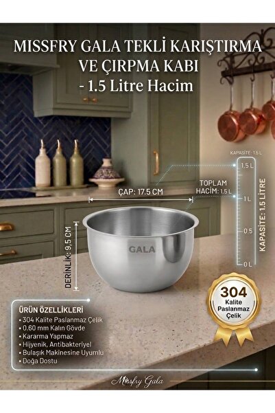 Missfry Gala 17 cm 1,5 Lt Sunum, Karıştırma ve Çırpma Kabı Derin 304 Paslanma...