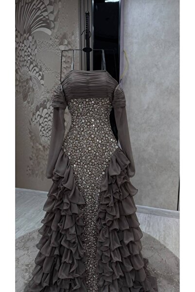 Diva style فستان سهره زيتي تطريز خرز شيفون