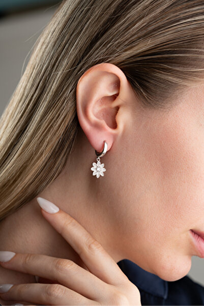 Silvano Jewelry 925 Ayar Gümüş Beyaz Taşlı Lotus Çiçeği Küpe