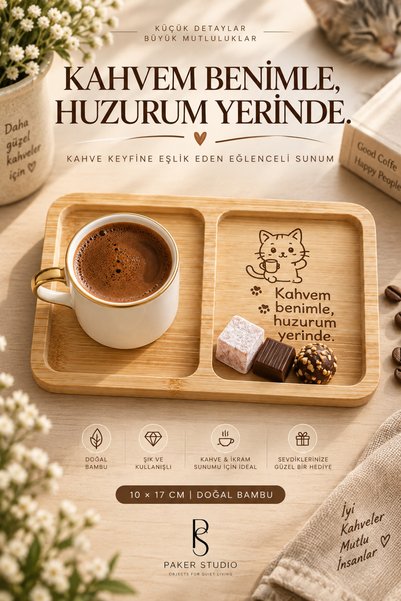 PakerStudio 'Kahvem Benimle, Huzurum Yerinde' Yazılı Bambu Kahve Sunum Tabağı...