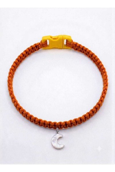 almital mobilya aksesuarları furniture accessories Orange Hand Knitted Macrame Cat Collar 27 cm - Stylish Cat Collar with Moon Figure Charm