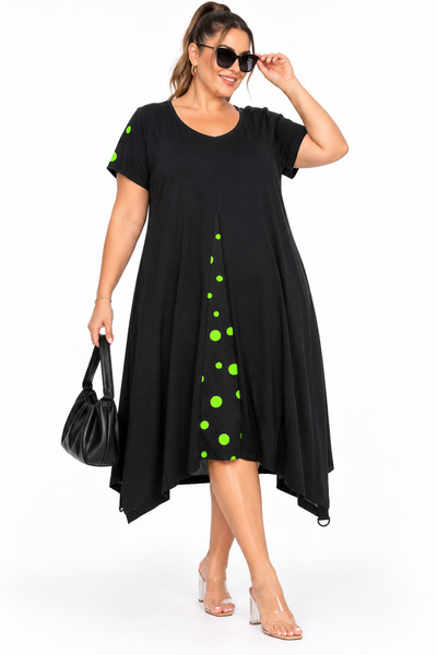 Trieste Plus Size Polka Dot Detailed Asymmetrical Cut Short Sleeve Women's Dress