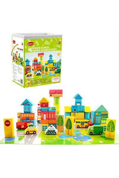smile toys Set cuburi de constructie din lemn, 62 piese colorate , puzzle 6 piese , cutie cu capac sortator si saculet