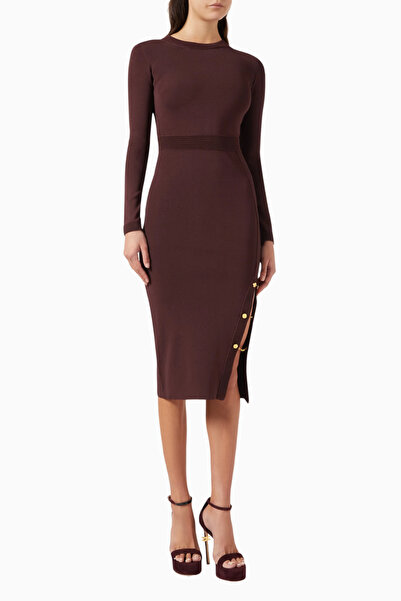 Elisabetta Franchi Burgundy, Knit Midi Dress with Chain and Stone Detail