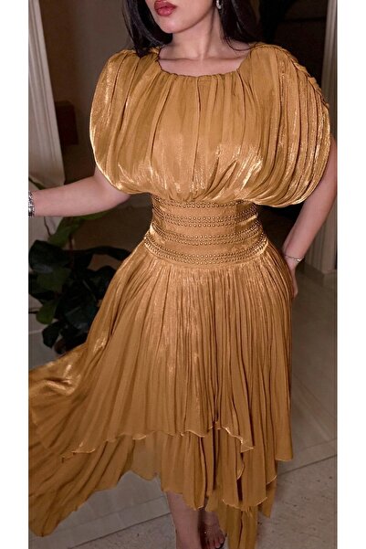 Generic Brand Pink Crinkled Chiffon Evening Dress with Beaded Belt and Layere...