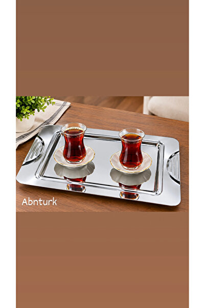abnturk Çelik Dikdörtgen Kahve ve Çay Sunum Tepsisi - Dış Ölçü 37x23cm İç Tab...