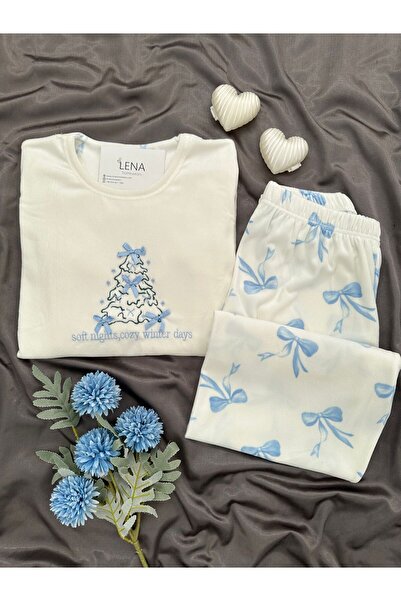 Lena Homewears Σετ πιτζάμες από γαλλικό βελούδο με σχέδιο εκρού κορδέλας