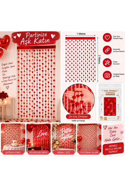 Ezgi Party Store Kırmızı Kalpli Kapı Fonu 1x2 Metre Folyo Kalp Perde Sevgilil...