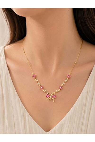 Generic Anti-Tarnish Gold-Tone Necklace with Pink Floral & Butterfly Pendant