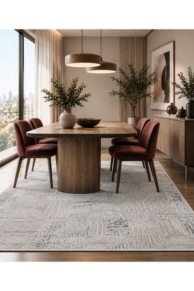 12964A Gri Modern Geometrik Desenli Salon Halısı