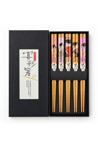 OEM Set of 5 pairs of Bamboo chopsticks, 22.5 cm, colorful Japanese design, r...
