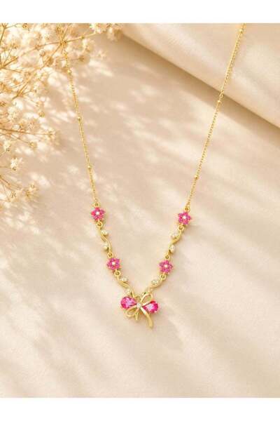 Generic Anti-Tarnish Gold-Tone Necklace with Pink Floral & Butterfly Pendant