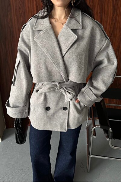 gm giyimarket New Season Premium Quality Belted Double-Breasted Collar Midi O...