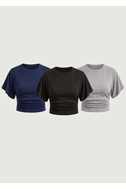 MAXIMILLIAN Women's Bat Sleeve Basic Tight 3-Piece Crop Blouse