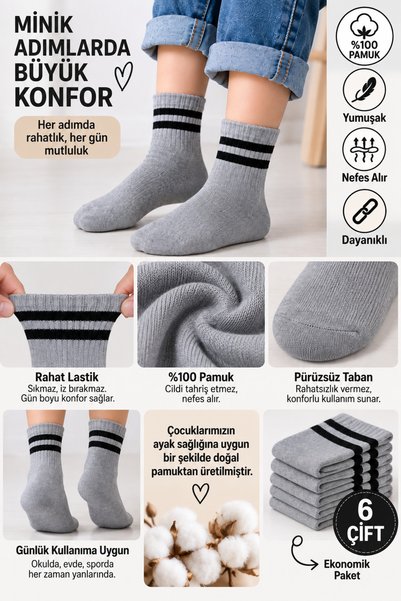 Bilal Çınar Tekstil 100% Cotton Children's Socks Long Socks College Socks Soft Texture Unisex Children's Socks Set of 6