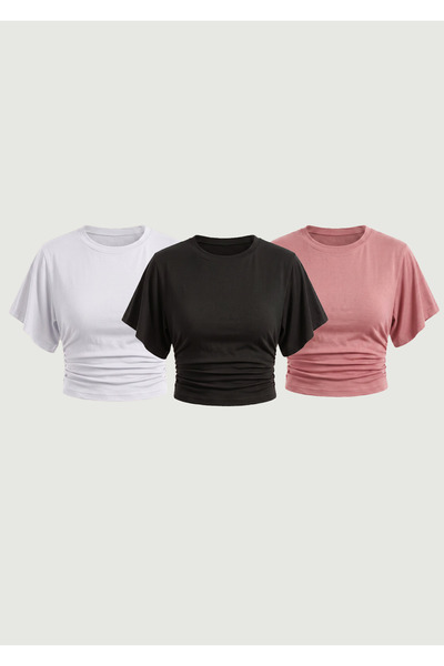 MAXIMILLIAN Women's Bat Sleeve Basic Tight 3-Piece Crop Blouse