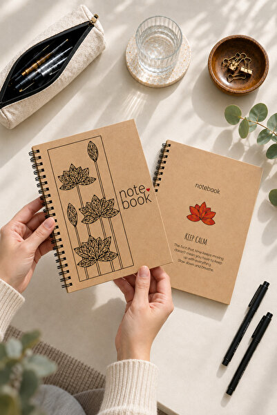 A5 Kraft Spiralli Çizgisiz Lotus Temalı Okul Defteri 2'li Set 80 Yaprak Lotus Desenli