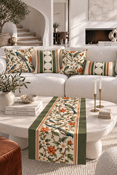 MUN HOME Botanica 5 Parça Çiçekli Kuşlu Kırlent Kılıfı ve Runner Seti Yeşil T...