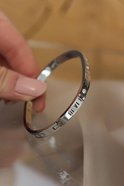 BUTİK AYVİTRİN 316L Steel Roman Numeral Silver Color Bracelet Handcuffs