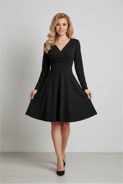 Şeker Portakalım Women's Flared Sleeve Fabric Dress Collar Long Crepe Double ...
