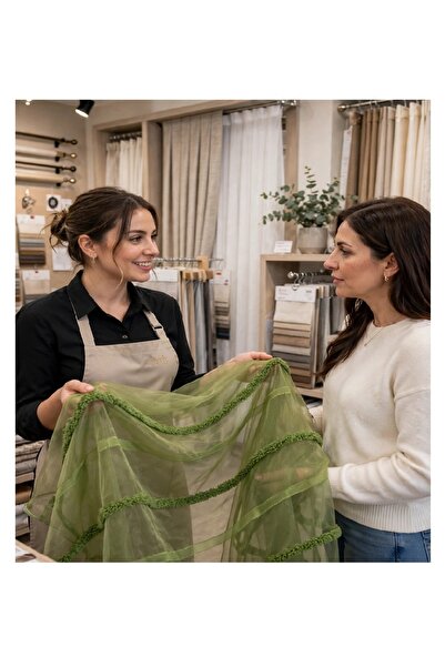 ELİF NAZLI PERDE KINA YEŞİLİ ORGANZE PELUŞ ŞERİTLİ TÜL PERDE