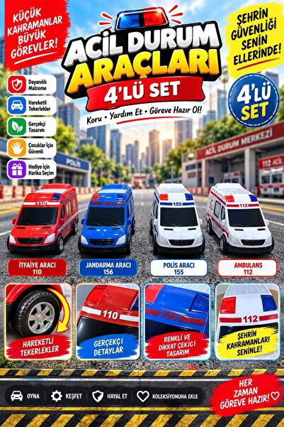 wappa 4'LÜ SET ACİL DURUM ARAÇLARI, OYUNCAK ARABA İtfaiye Arabası, Jandarma A...