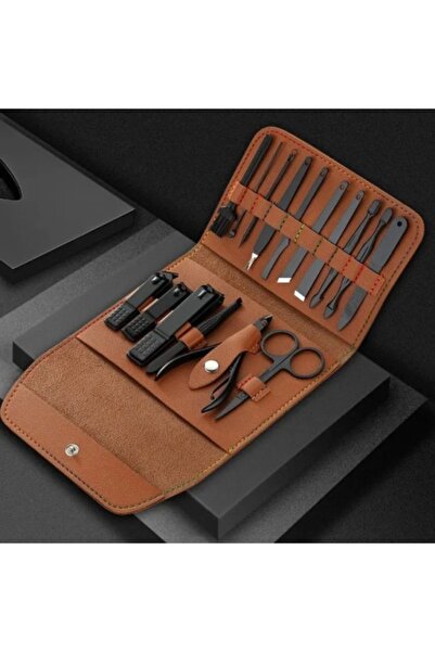 Smart Set profesional de manichiură, 16 piese, oțel negru mat, husă din piele...