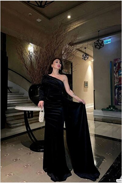 Şeker Portakalım Flexible One-Piece Evening Dress with Velvet Fabric and Tail