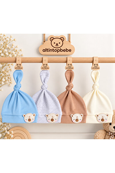 altıntop bebe Baby Boy Knotted Beanie with Teddy Bear Applique, 4 Colors Newb...