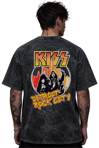 SEVBANO Kiss Rock Metal Music Band Printed Unisex Oversize Vintage Washed T-S...