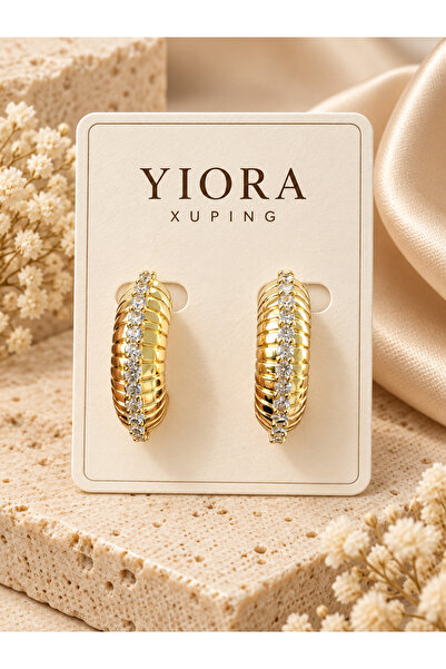 yiora Xuping İthal Premium Seri Gold Renk Zirkon Taşlı Çizgili Bombeli Çivi Küpe