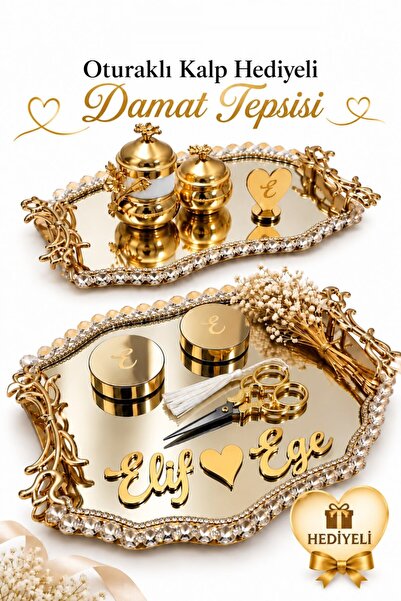 Elfora Kişiye Özel Söz Nişan Tepsisi Gold Aynalı Kız İsteme Yüzük Tepsisi Set...