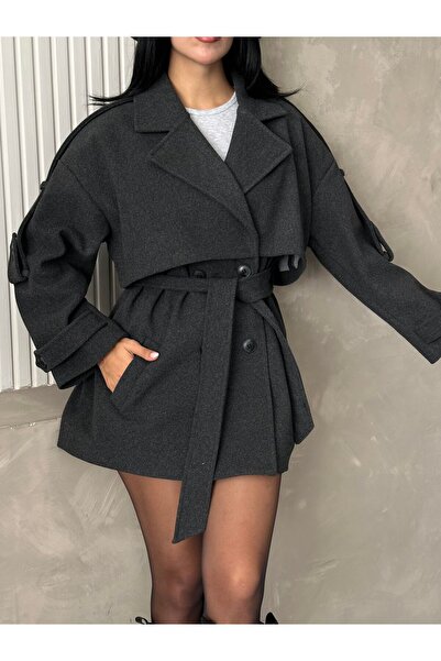 gm giyimarket Yeni Sezon Premium Kalite Kuşaklı Kruvaze Yaka Midi Oversize Ka...